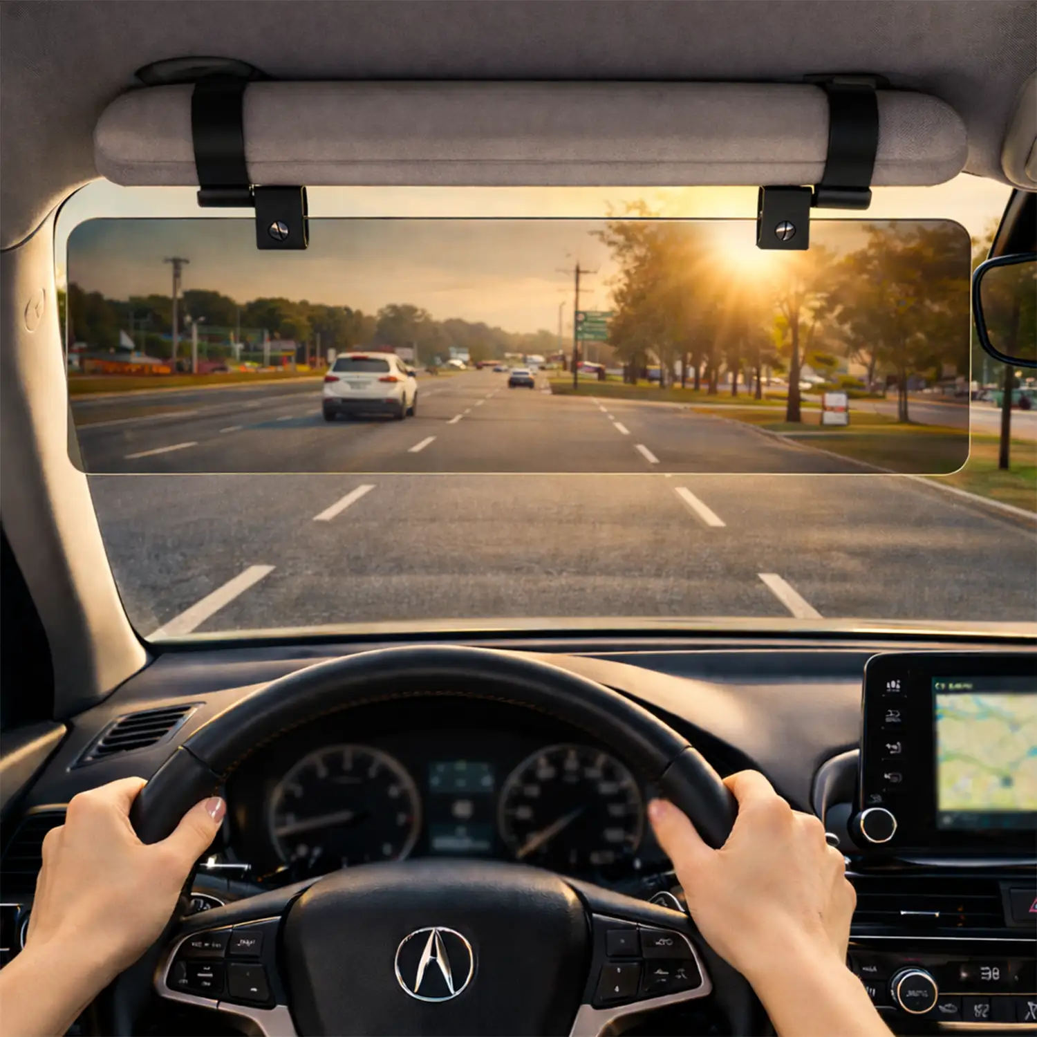 Glare Guard flipped down and blocking sunlight