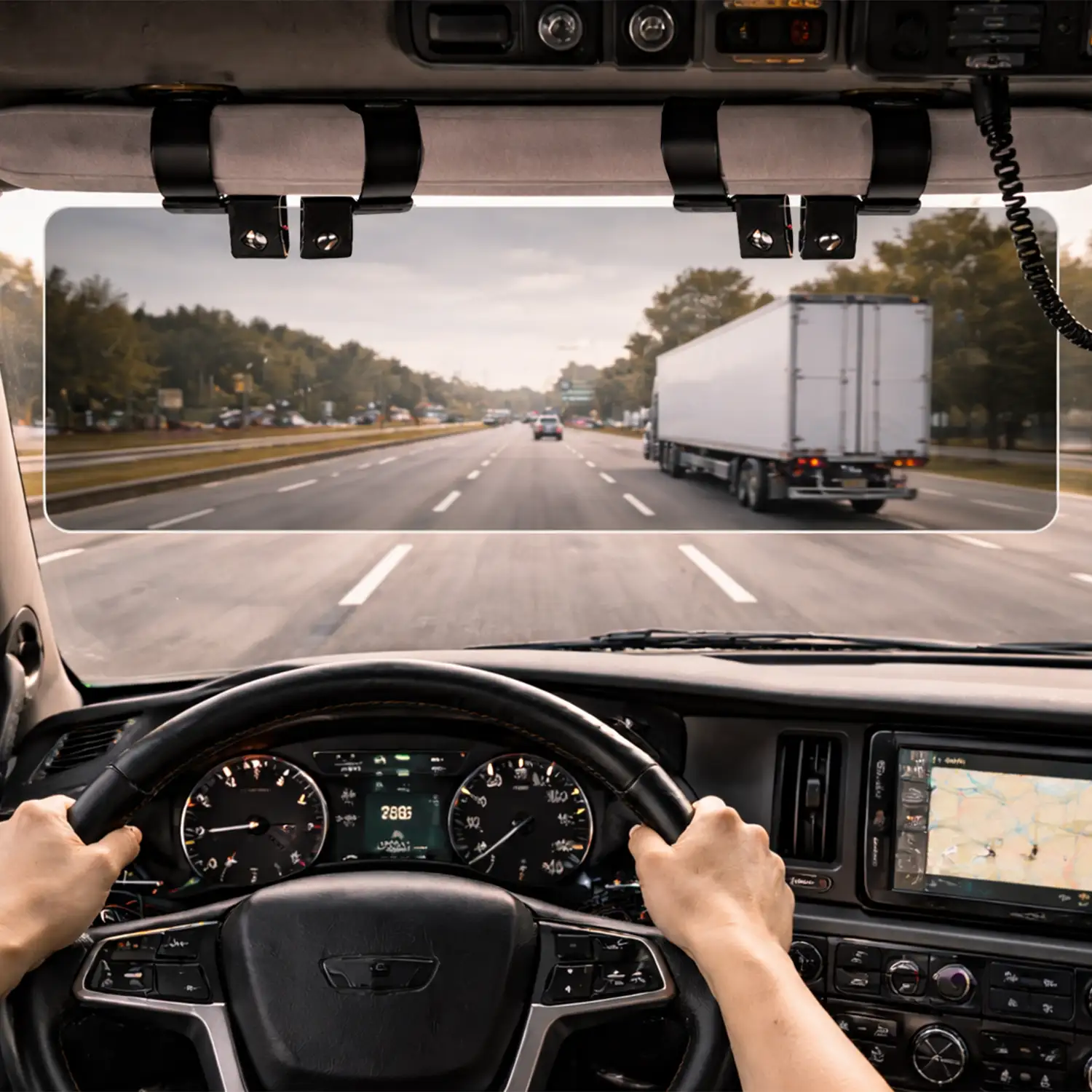 Truck or semi driver using a large Glare Guard visor